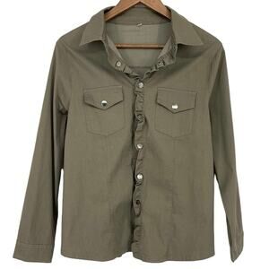 NO BRAND Women's Ruffled Button Front Long Sleeve Shirt Jacket Green Medium